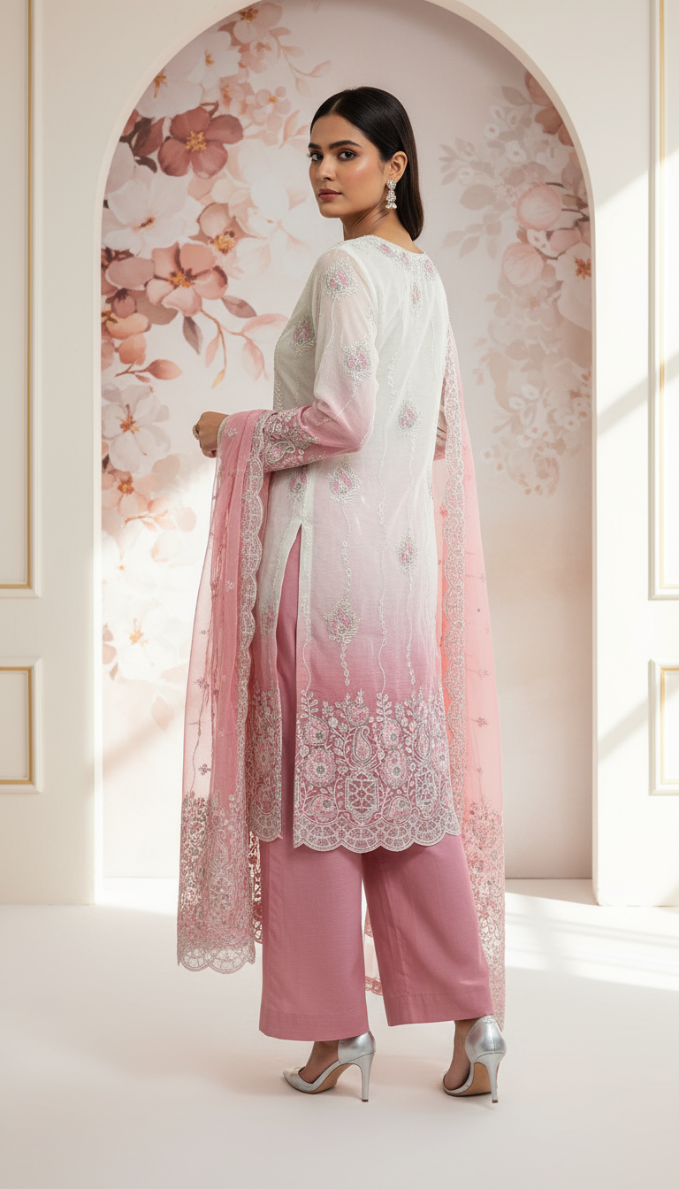 White and Pink Ombre Embroidered Lawn/Cotton Suit with Scalloped Dupatta-Unstiched